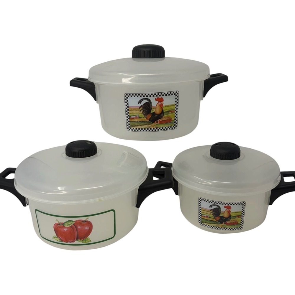 Vintage Microwave Cookware Steamer Pot Set Rooster Apple Vented Lids 3 Pc